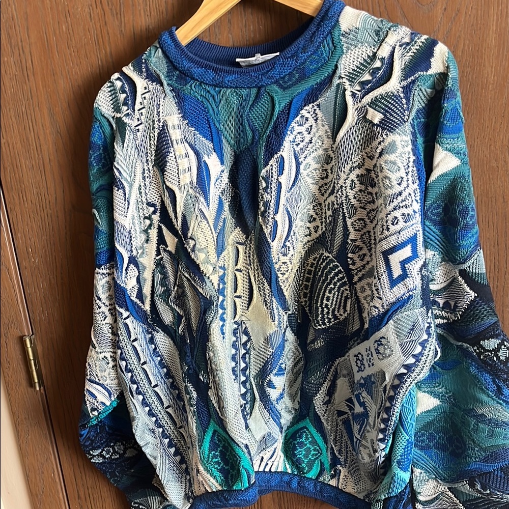 COOGI Blue and Green Crewneck Sweater with Vibrant Patterns